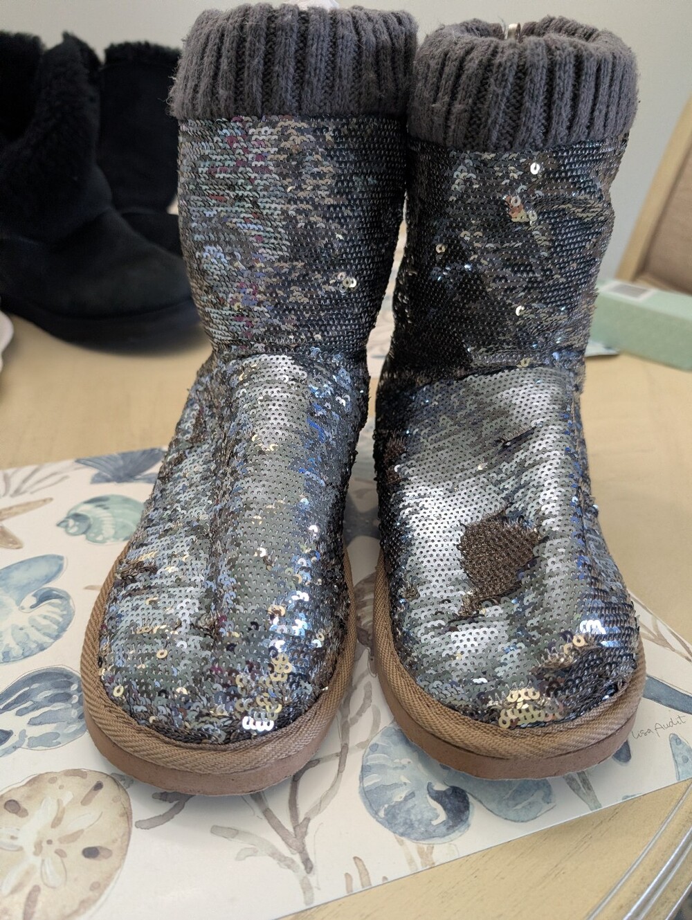 PINK Y2K Silver Glitter With Suede Heels And Faux Fur Lining Boots